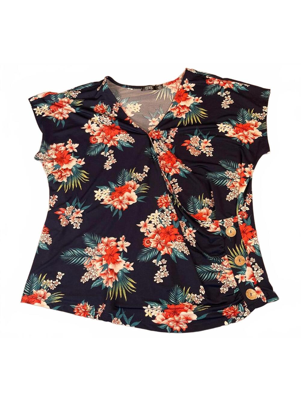 CURE. Floral Print Short Sleeve Top with Button Detail - Size 1XL